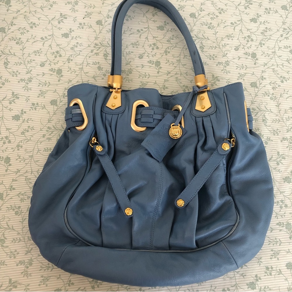 Y2K Vintage Rough Roses Genuine Leather Shoulder Purse Blue Gold Hardware
